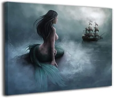 Canvas Wall Art Prints Mermaid And The Sailing Pirate Ship Fantasy Ocean Nautica • $14.90