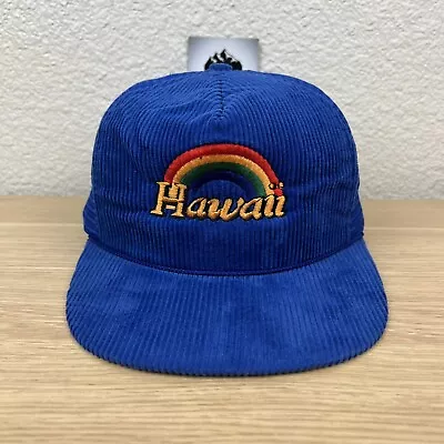VTG Hawaii Rainbow Rope Hat Cap Snap Back Blue Corduroy One Size Trucker Foam • $19.99