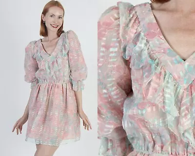 Vtg Lightweight Watercolor Floral Silk Dress Deep V Pastel Party Puff Slv Mini • $55.10