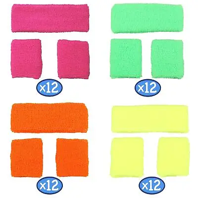 Neon Sweatband Wristbands Set Bulk Pack 12 Fancy Dress 80s Fitness Dance Party • £18.49