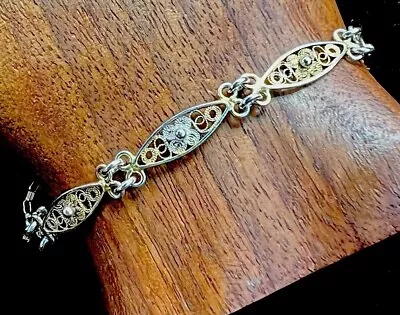 Rare Estate 800 Sterling FILIGREE Detailed Gold Tone Link Chain Vintage Bracelet • $25