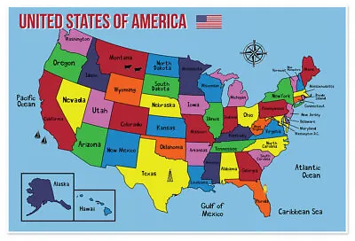 USA Color Educational Classroom Map United States Tear Proof & Water Resistant • $12.95