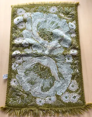 Vtg Fieldcrest Hand Towel Sculptured Floral Avocado Green Blue Fringed Cotton • $14.95