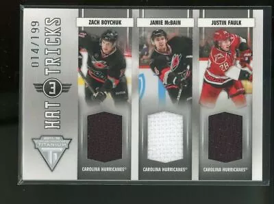 2011-12 Panini Titanium Hat Tricks Zach Boychuk/Jamie McBain/Justin Faulk 14/199 • $18.21