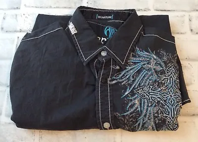 Roar Shirt Mens Small Black Button Up All Over Embroidered Teal • $39.59