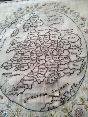 Antique 1834 Map Sampler Needlework Embroidery Louise BURROWS • £250