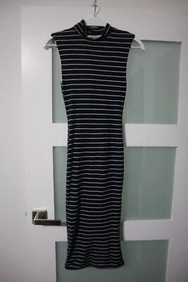 $18.50 • Buy Kookai Navy Beige Striped Stretchy Merino Wool Bodycon Midi Lined Dress Size XS