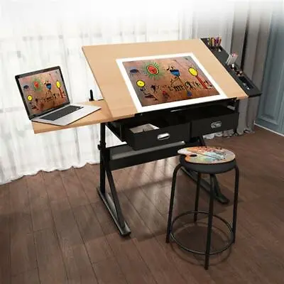 Art Craft Desk Drafting Table With 2 Drawers And Stool Height/ Tiltable Tabletop • £61.39