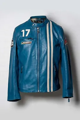 Cafe Racer Blue Men Genuine Lamb Leather Jacket Plus Size • $150