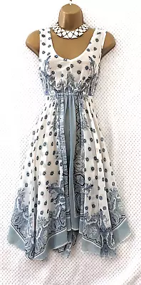 MINT VELVET Handkerchief Dress Sz 16 White Blue Floral Floaty Summer Occasion • $33.56