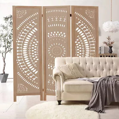 3 Panel Engraved Wood Room Dividers Folding Partition Panel Screens Freestanding • $77.99