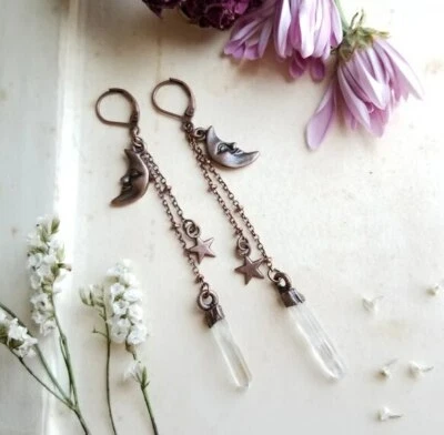 $2.94 • Buy Celestial Moon And Stars Earrings - Clear Quartz-statement Jewelry,moon Earrings