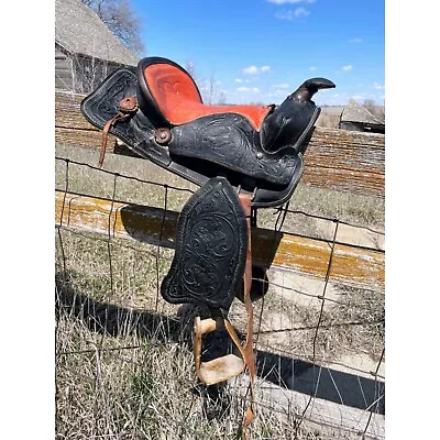 Vintage Tooled Leather Pony Youth Saddle 12  Wood Stirrups Black & Red • $165