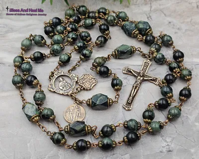 Healing Saints St Jude Lourdes Raphael Kambaba Jasper Vintage Bronze Rosary • $159