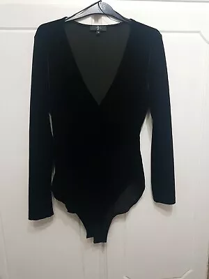 Ladies Top Jasper Conran Size 14 Plush Black Velvet Wrap Front Leotard Body • £0.99