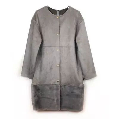 Zara Faux Suede Coat Womens S Gray Contrasting Faux Fur Collarless Jacket Long   • $24.97