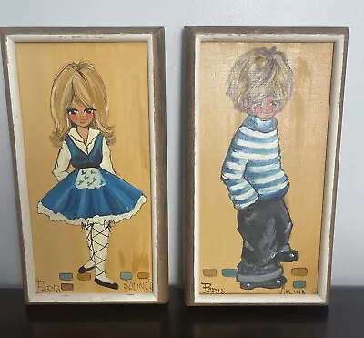 Vintage Big Eyed Art Boy And Girl In Blue Signed Paris -Salina 1966 • $49.99