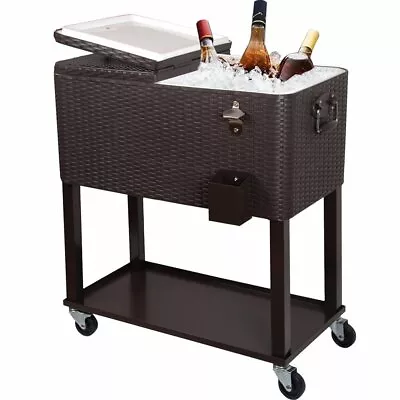 80QT Rolling Outdoor Patio Cooler Cart On Wheels Portable Ice Chest With Shelf • $158.89