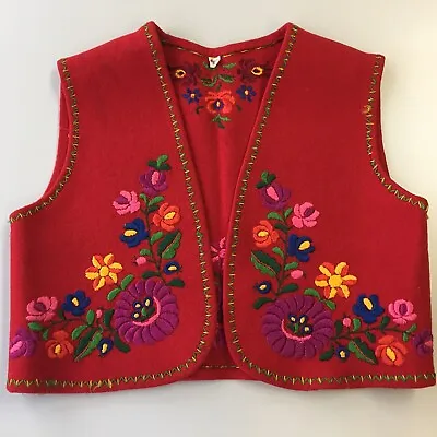 ⭐Vtg Vest Matyo Embroidered Flowers Wool Handmade Hungary Youth XS Red • $61.10