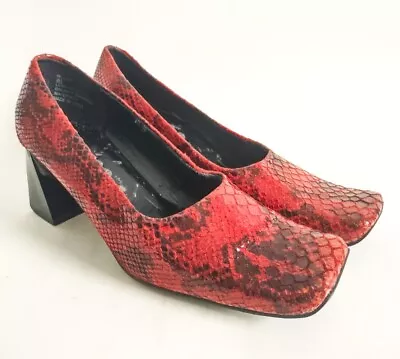 Vintage Me Too Red Snake Print Leather Square Toe Block High Heel Pumps Size 8.5 • $29.99