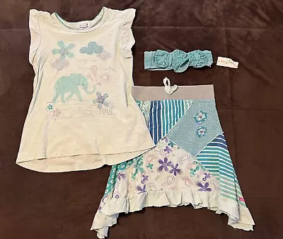 VGUC 3 Pc NAARTJIE Elephant Tee Skirt Headband Sz 7 6 Teal Green Florida • $19.89