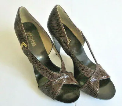 Michael Kors Women 9.5 Snakeskin High Heels Cross Over Buckle Patent Heel 4 Inch • $18