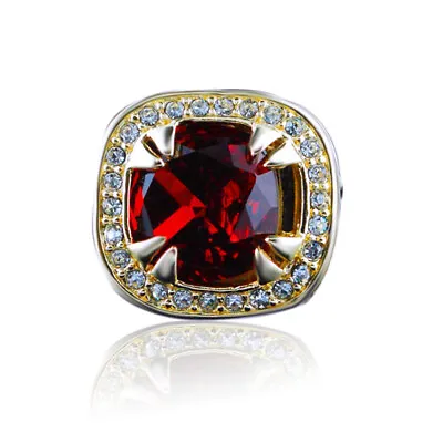 Mens Ruby Gem Stone Simulated Diamond Band Pinky Ring Yellow Gold Finish Silver • $234.59