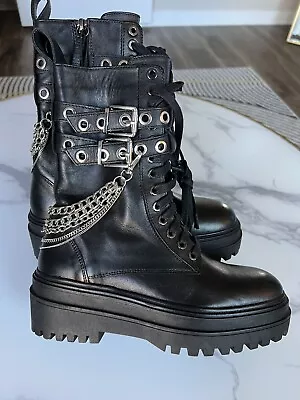 $80 • Buy Zara 100% Leather Black Moto Boots With Removable Chain, Size 6, No Box