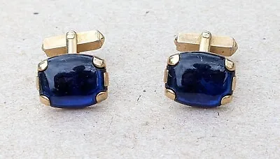 Vintage SWANK Gold Tone Blue Rounded Oval Stone Midcentury Cufflinks Accessory • $12.99