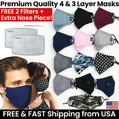 2 PACK - Premium 3 Or 4 Layer Face Mask + 4 Mask Filters - Reusable Cotton Cloth • $9.99