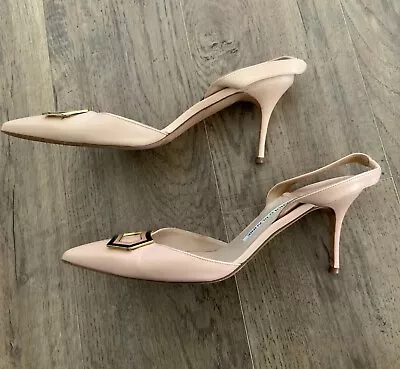 MANOLO BLAHNIK-POINTED TOE SLINGBACK BEIGE-PUMPS-3.5  HEEL-SZ 38.5-MADE In ITALY • $218.88