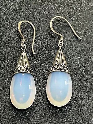 Vintage Sterling Silver Opalite Dangle Earrings 925 Bali Style • $18.99