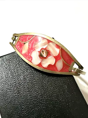 Vintage Abalone Shell & Enamel Inlay Bracelet Silver Tone & Pink 6 1/2  Mexico • $14.95