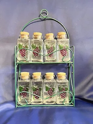 Home Town Spice Rack - 8 Grape Design Glass Jars With Cork Stoppers  ~ Vintage • $18