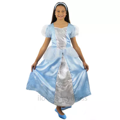 Girls Blue Princess Costume School Book Week Fancy Dress Ball Gown And Headband • £13.99