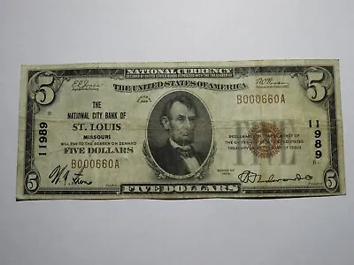 $5 1929 St. Louis Missouri MO National Currency Bank Note Bill! Ch. #11989 RARE! • $189.99