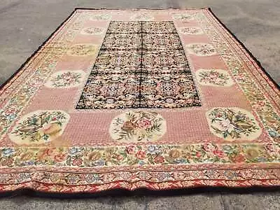 Vintage French Needle Point Handmade Floral Pink Wool Rug Carpet 253x168cm • £275