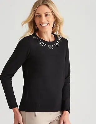 NONI B - Womens Jumper -  Winter Sweater - Black Pullover - Embellished Neck • £15.35