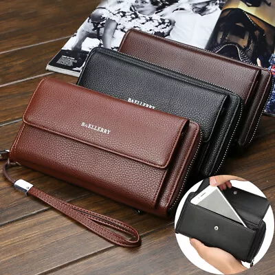 Men's Clutch Bag Wallet Large Capacity Business Leather Wallet Zipper Long Purse • $12.29