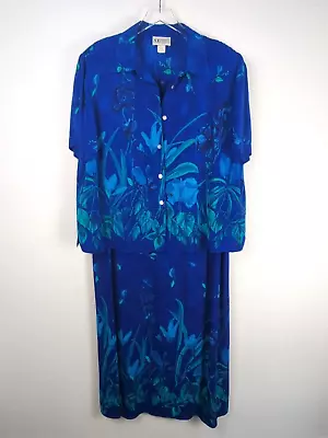 Vintage Dress Set 2 Piece Size 22W Blue Tropical Long Dress Short Sleeve Top • $44.99