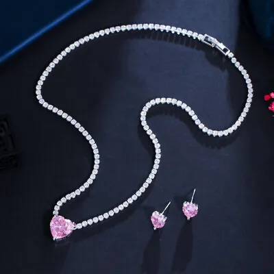 Silver Plated Pink CZ Heart Tennis Chain Choker Necklace Earrings Jewelry Set • $12.62