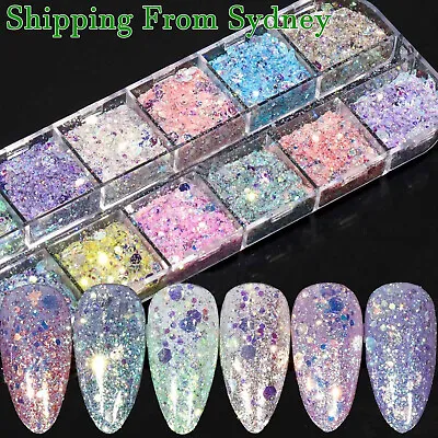 $5.99 • Buy 12 Color Holographic Nail Sequins Glitter Flakes Sparkle Confetti Art Decal Powd