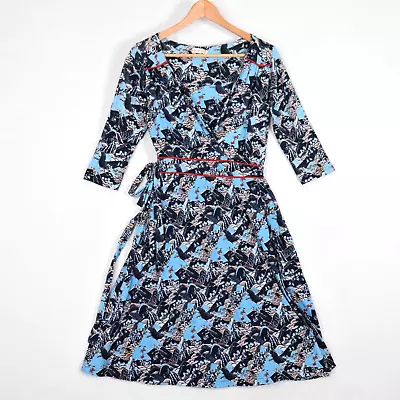 Boom Shanker Womens Wrap Dress Size 8 Blue Oriental Jersey Stretch 3/4 Sleeve • $24.95