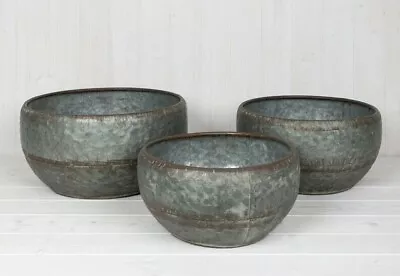 £27.95 • Buy Hammered Round Galvanised Metal Bowl Planter Plant Zinc Flower Pot Garden Decor