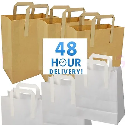 Kraft Paper Brown & White Sos Food Carrier Bags With Handles Party Takeaway Etc • £0.99