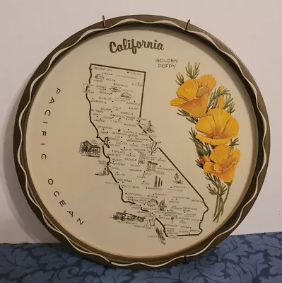 Vintage Metal California Map Golden Poppy 11” Tray Wall Décor • $14.99