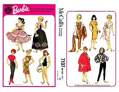 Vintage 1963 Barbie Clothes Pattern Reproduction 9 Outfits McCall's 7137 • $9.95