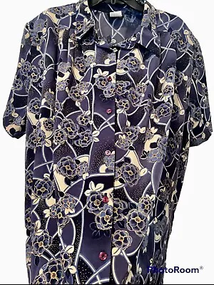 VTG Maggie Barnes Womens Blouse 26W Blue Floral 3X Plus Button Down Made In USA • $22