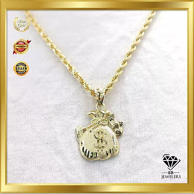 Men Women 10K Yellow Gold Money Bag Pendant 2g Shiny Dollar $ Charm For Necklace • $110.89