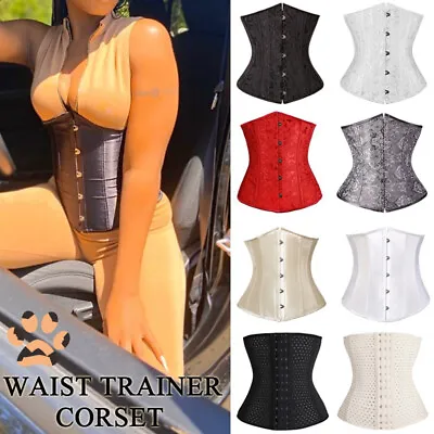 Women Steel Boned Cincher Lace Up Underbust Waist Trainer Corset Shaper Bustier • £7.79